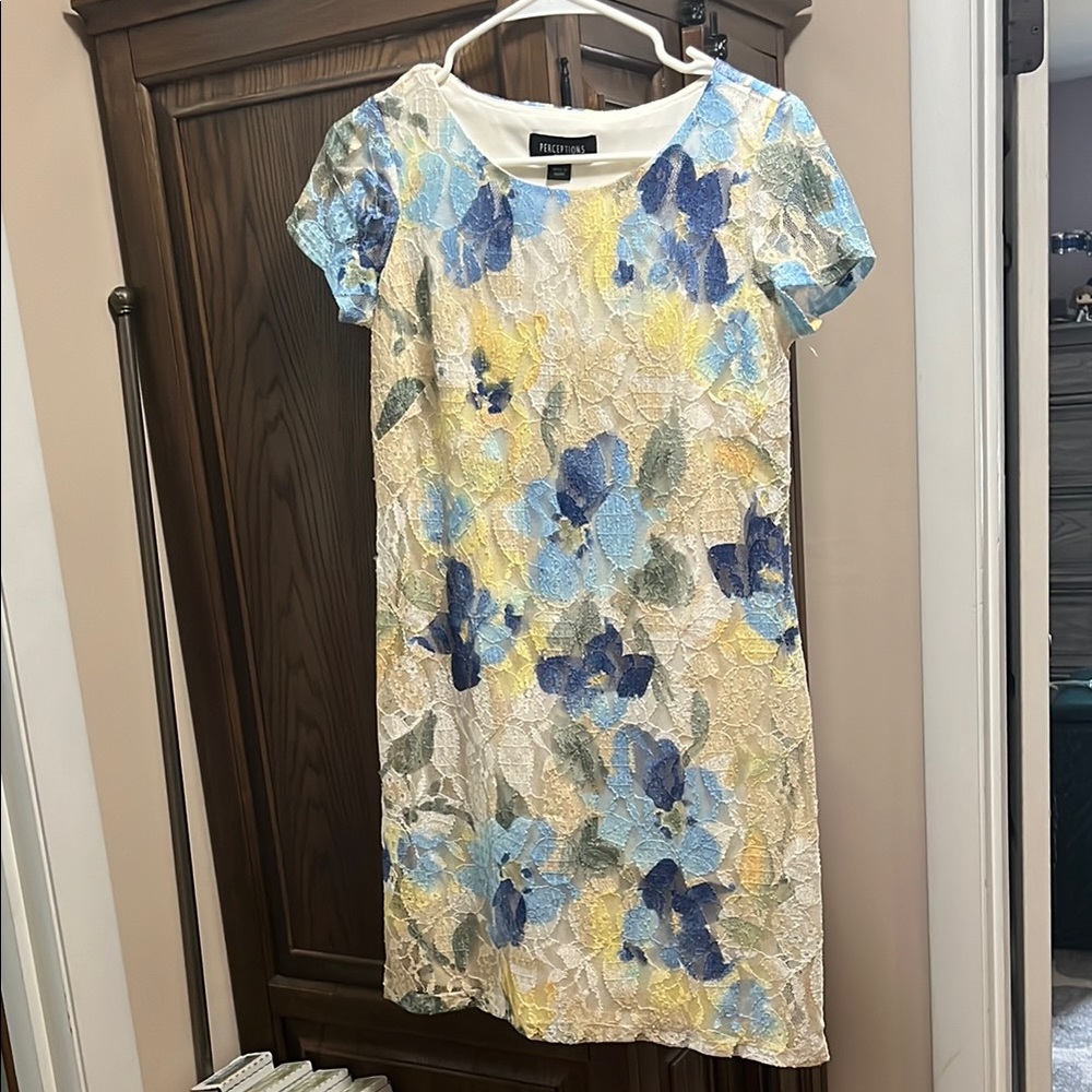 Perceptions Yellow and Blue Puff Sleeve Sheath Dress